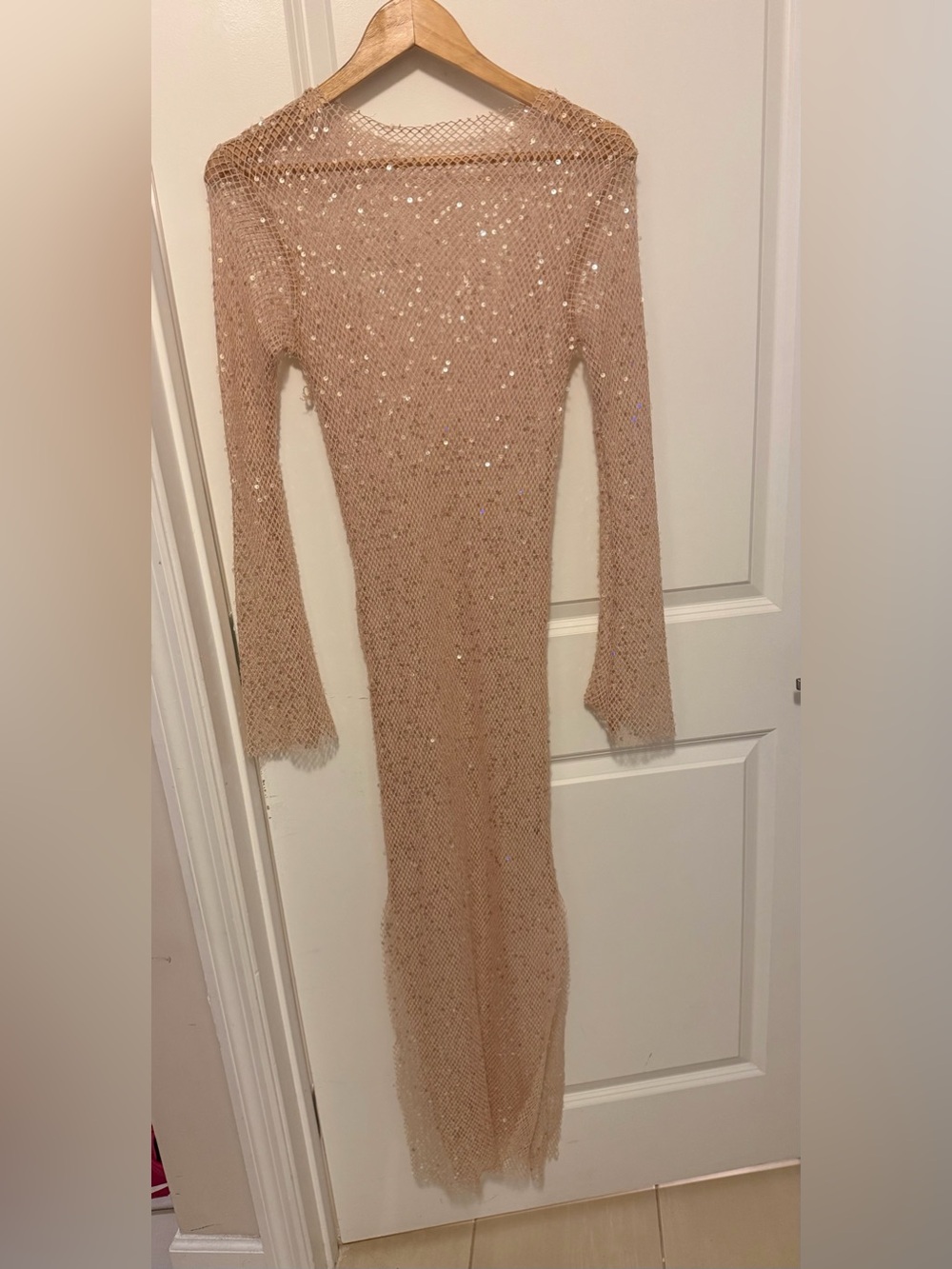 Long Sleeve Sequin knit sheer Maxi Dress in nude. Bell sleeves. Fits like small